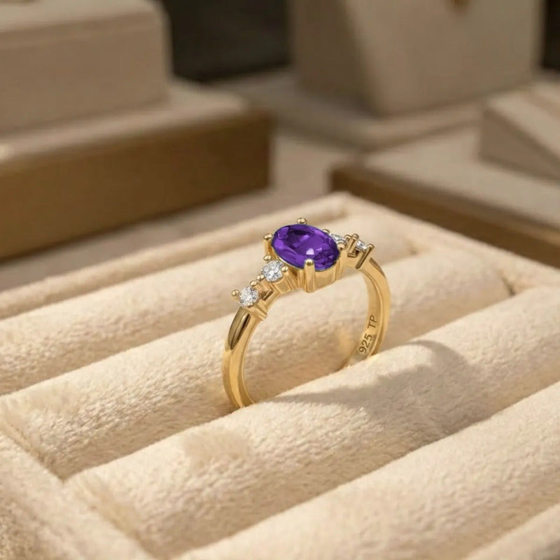 Anel London Prata 925 Dourada 18k Ametista