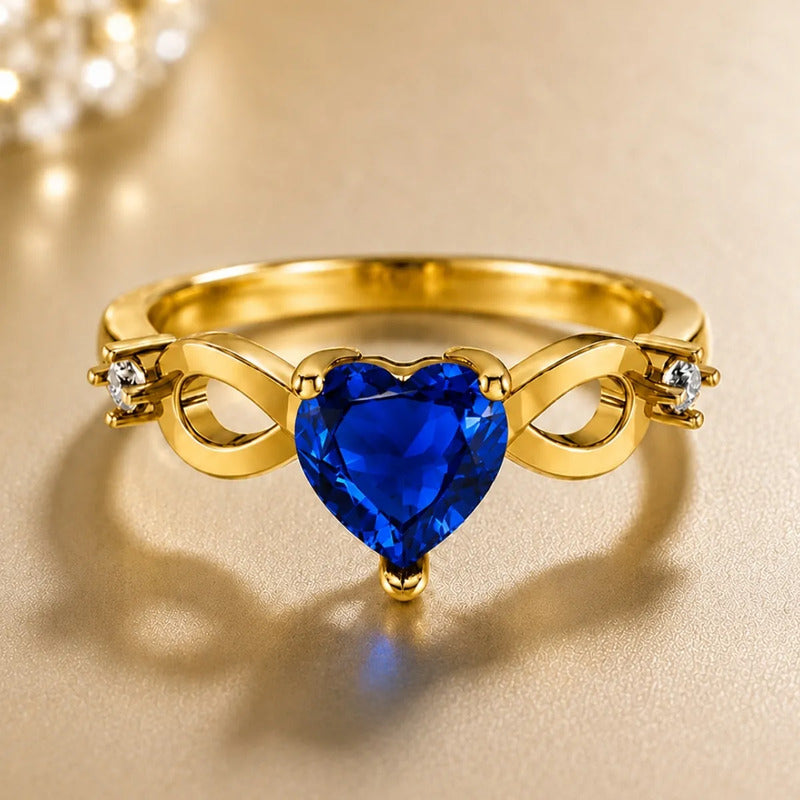 Anel Prata 925 Dourada 18k Infinito Amor Coração - Safira