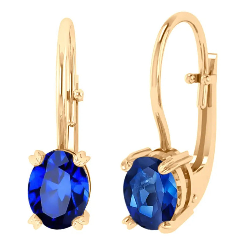 Brinco Trava Pura Prata 925 Dourada 18k - Safira Oval  Azul