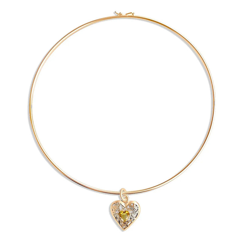 Colar Choker Citrino Coração Filigrana Prata 925 Dourada 18k