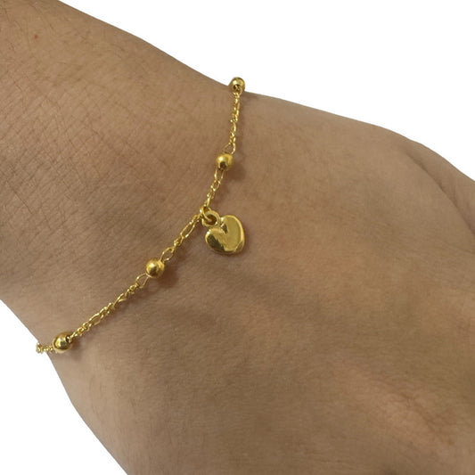 Pulseira Prata 925 Dourada 18k Bolinha 3mm- Pingente Coração