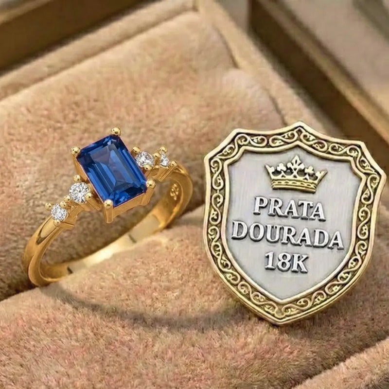 Anel Viena Retangular Prata 925 Dourada 18k - Safira