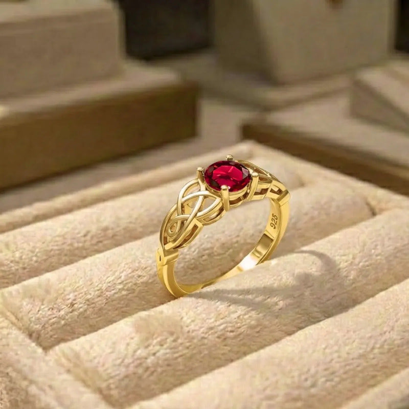 Anel Solitário Celta Knot Prata 925 Dourada 18k - Granada 26
