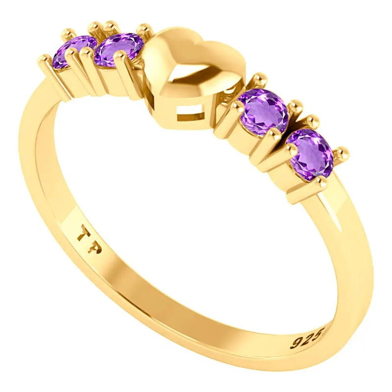 Anel Coração Prata 925 Banhado Ouro 18k Ametista