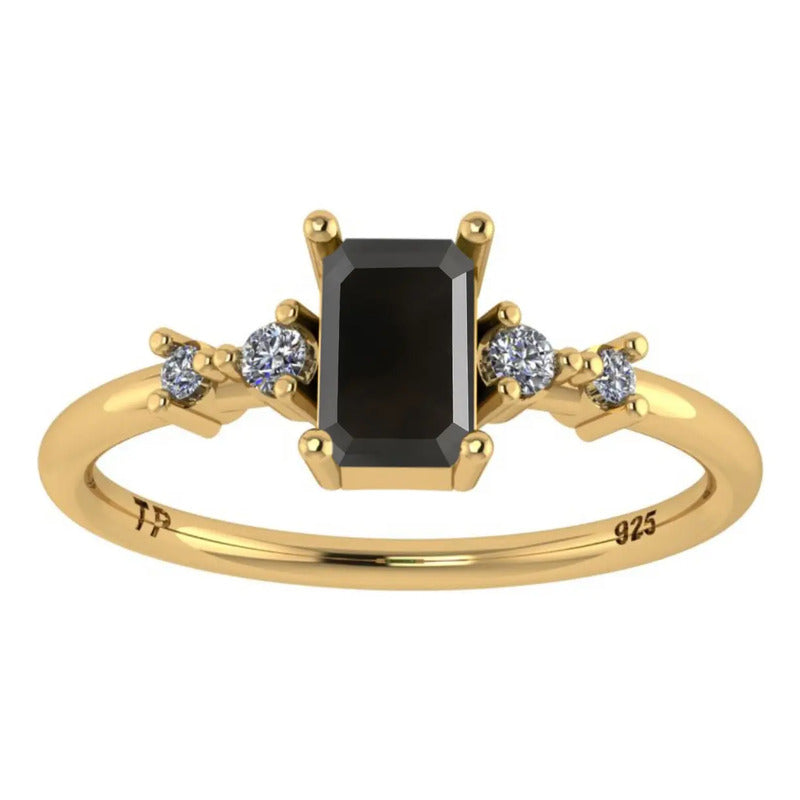 Anel Viena Retangular Prata 925 Dourada 18k - Onix