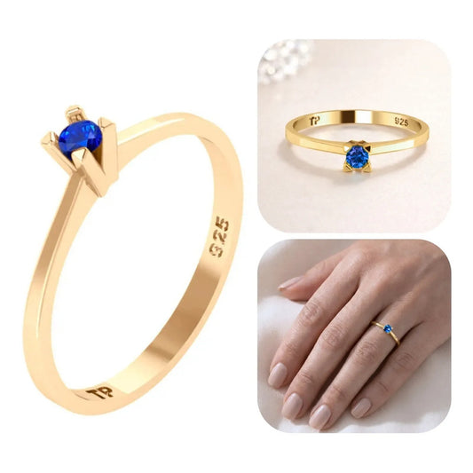 Anel Solitário Prata 925 Dourada 18k - Safira