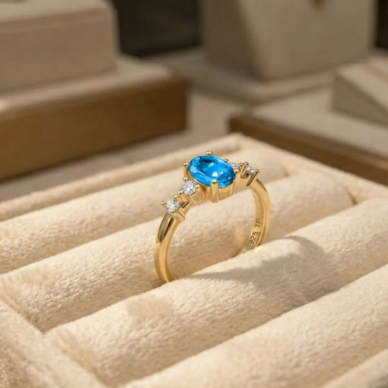 Anel London De Prata 925 Dourada Ouro 18k - Água Marinha