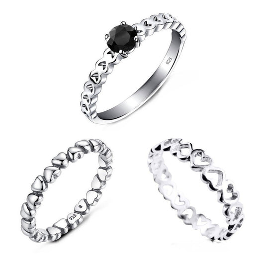 Kit 3 Anillos de Plata Pura 925 Corazones - Exclusivo