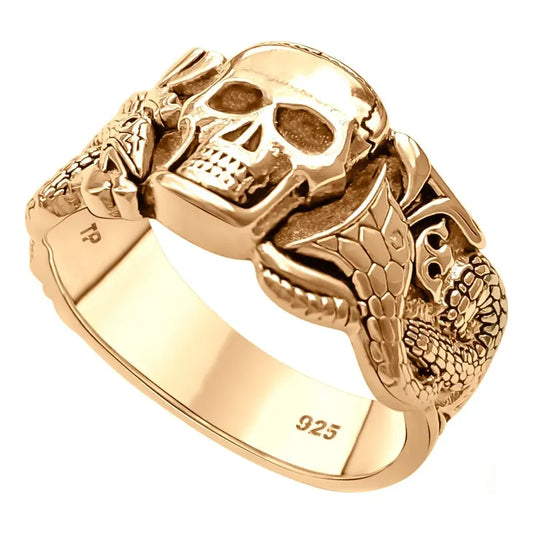 Anel Masculino Caveira Serpente Prata 925 Dourada Ouro 18k