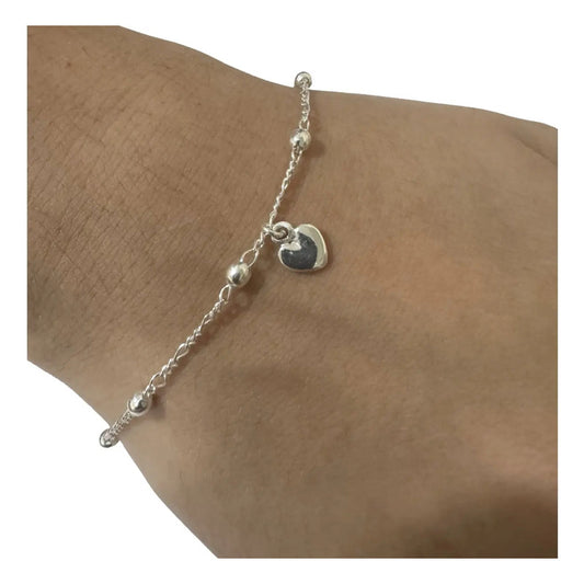 Pulseira Prata 925 Bolinha 3mm - Pingente Coração Prata 18 Cm