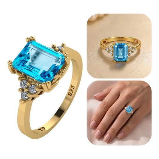 Anel Vintage Clássico Prata 925 Dourada 18k Topázio Azul