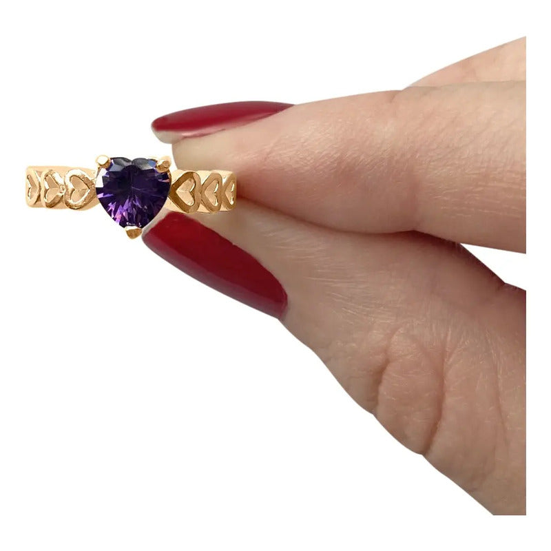 Anel Luxo Coração Prata 925 Dourada 18k - Ametista
