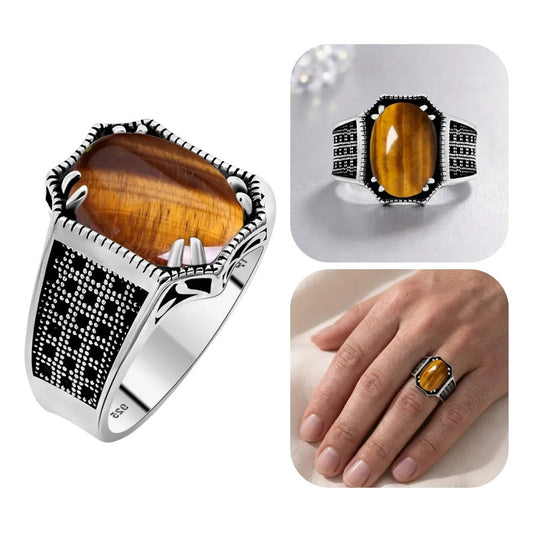 Anel Prata 925 Olho De Tigre Natural Cabochão Exclusivo