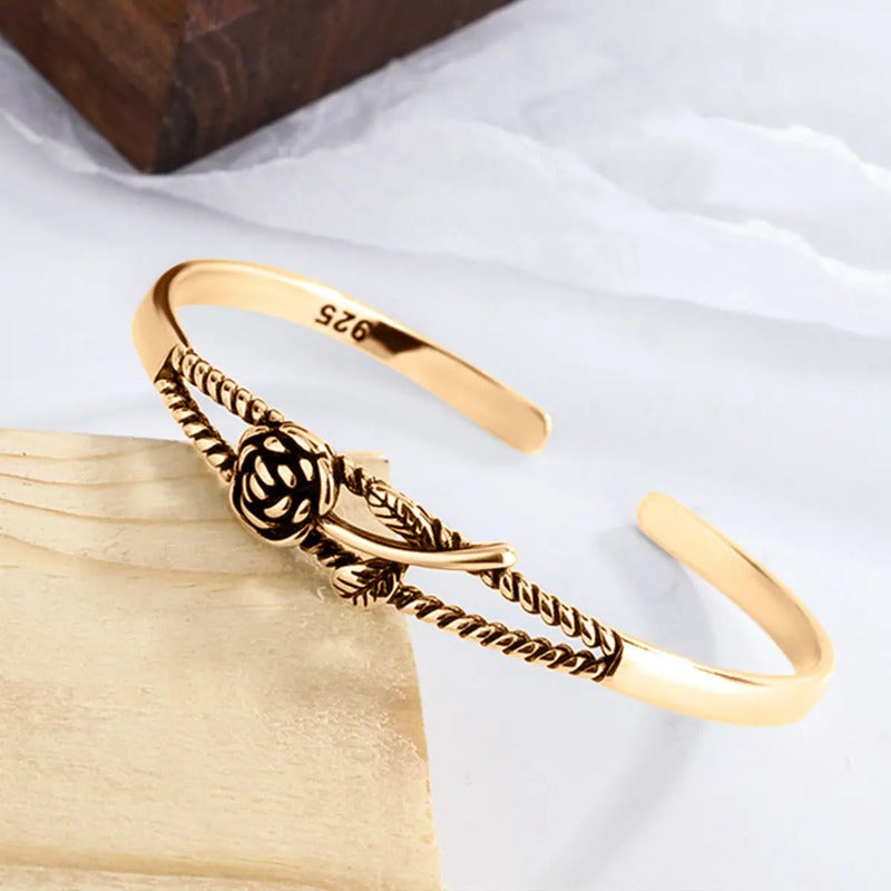 Pulseira Bracelete Maciço Prata 925 Dourado Ouro 18k- Floral Dourado 6.5 Cm 22 Cm
