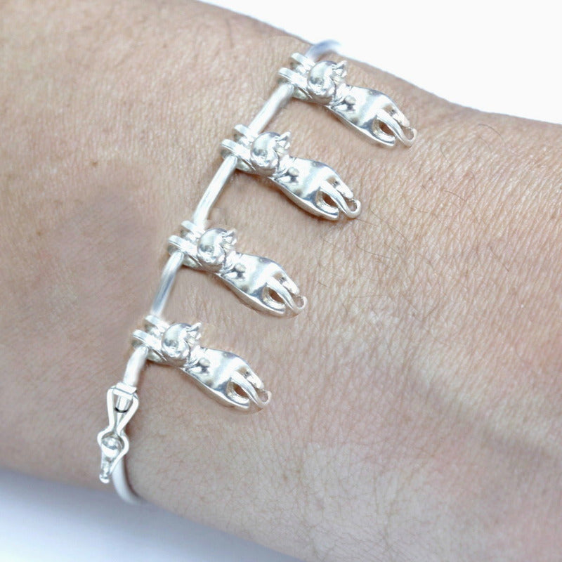 Pulseira Bracelete Rígido Prata 925 - Pingentes 4 X Gatinhos
