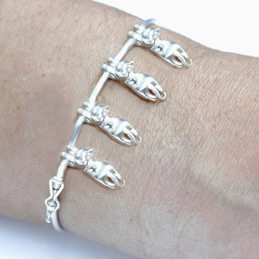 Pulseira Bracelete Rígido Prata 925 - Pingentes 4 X Gatinhos
