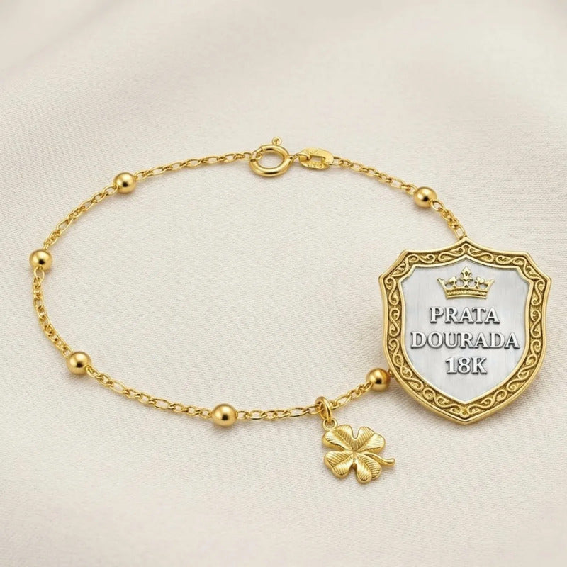 Pulseira Prata 925 Dourada 18k Trevo Da Sorte Bolinha 3mm 18 Cm