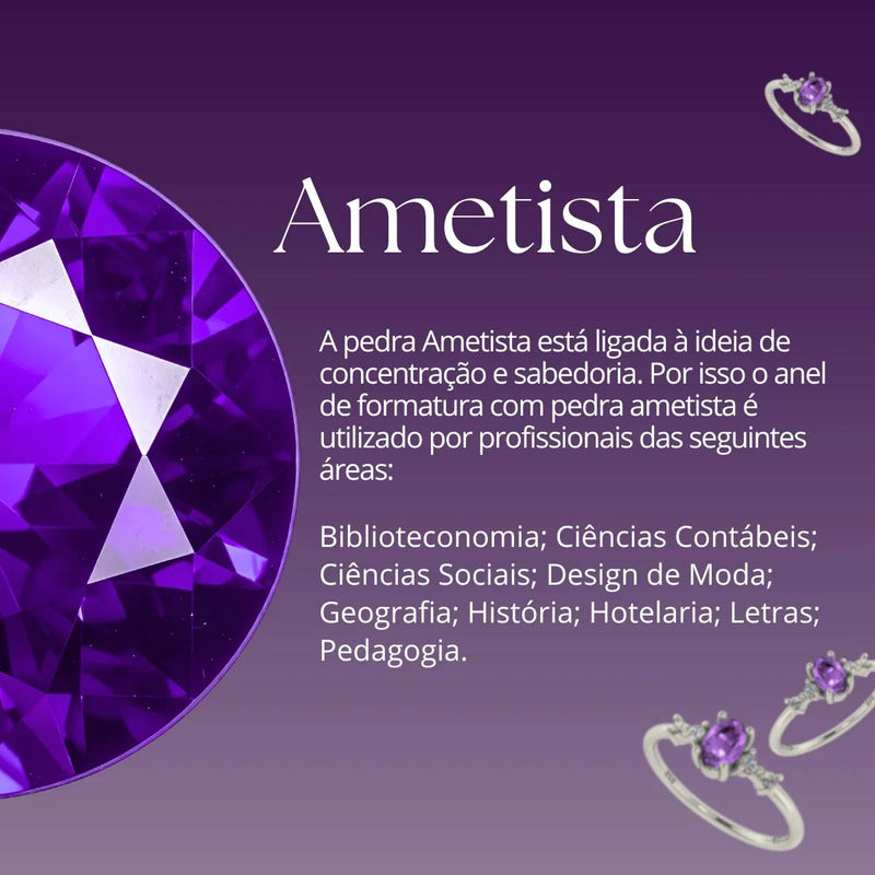 Anel Formatura Feminino Prata 925 + Caixinha Capelo Ametista 14