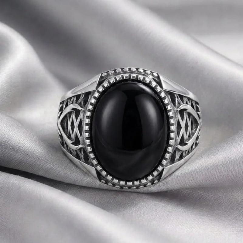 Anel Masculino De Prata 925 Oval Black Onix - Exclusivo