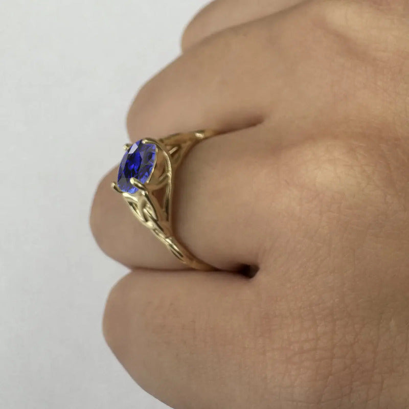 Anel Prata 925 Dourada 18k Celta Knot Trinity - Safira Azul