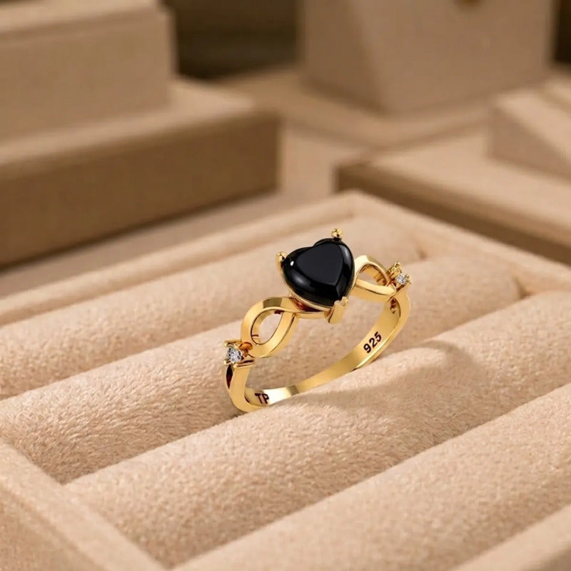 Anel Prata 925 Dourada 18k Infinito Amor Coração - Onix