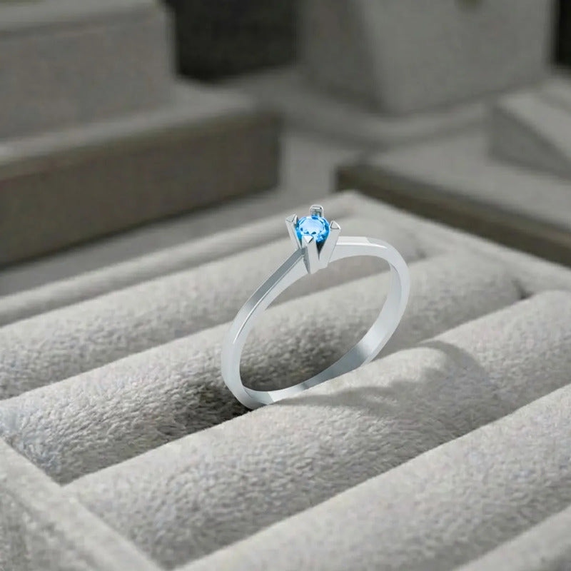 Anel Solitário Topázio Azul Tradicional Prata 925 - Feminino