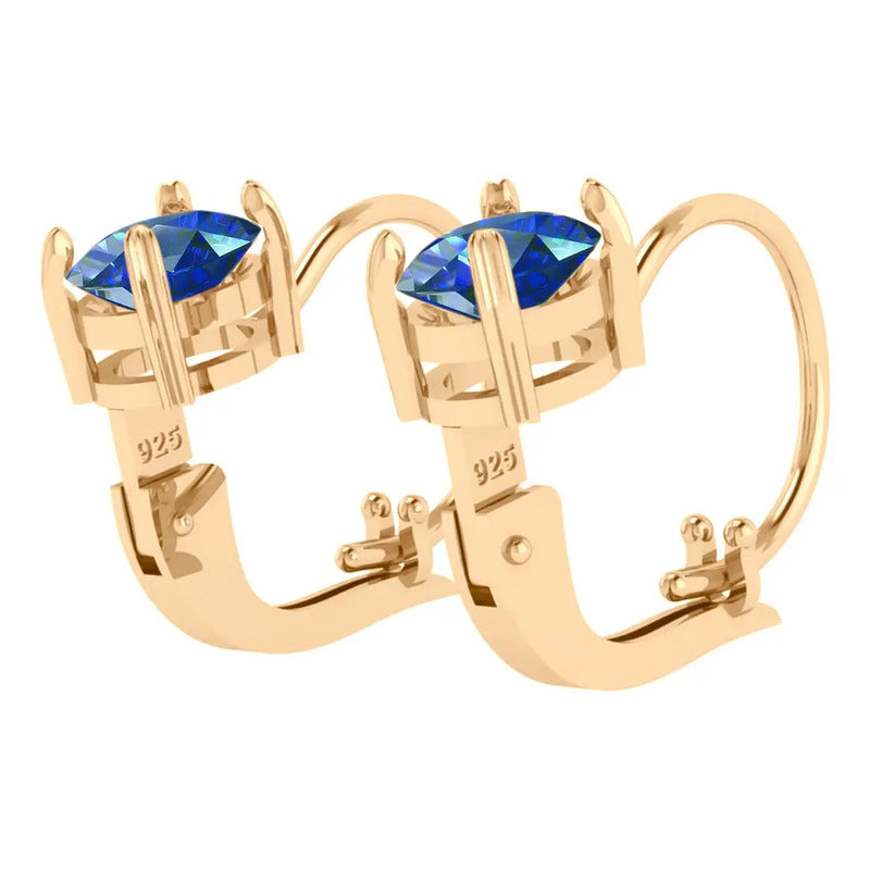 Brinco Trava Pura Prata 925 Dourada 18k - Safira Oval  Azul