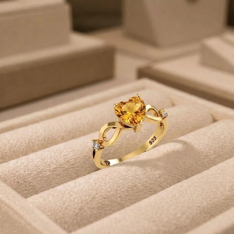 Anel Prata 925 Dourada 18k Infinito Amor Coração Citrino 25