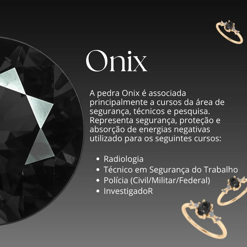 Anel Formatura Feminino Prata 925 Dourada 18k + Capelo Onix 16-17