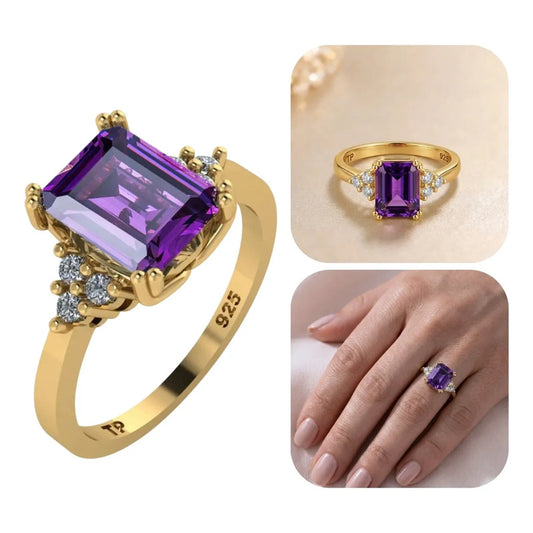 Anel Vintage Clássico Prata 925 Dourada Ouro 18k Ametista
