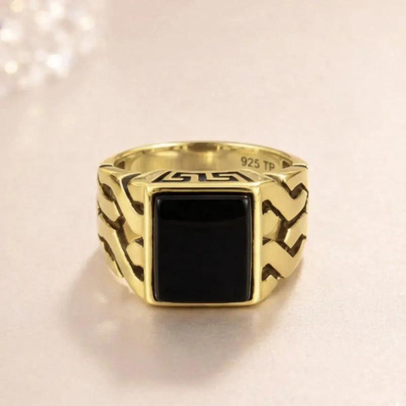 Anel Masculino De Prata 925 Banhado A Ouro 18k Com Ônix Negro Preto 30