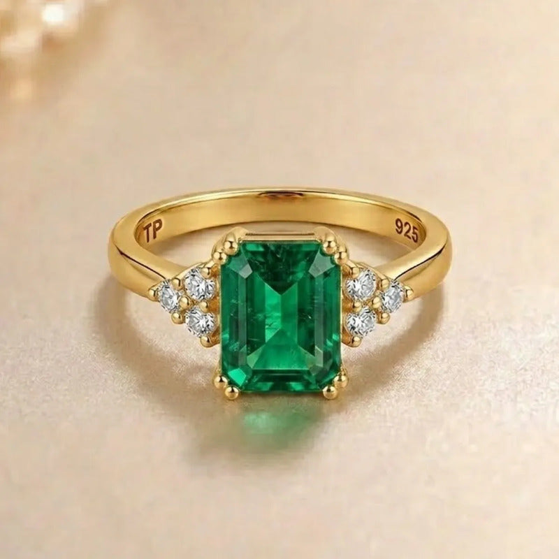 Anel Vintage Clássico Prata 925 Dourada Ouro 18k Esmeralda