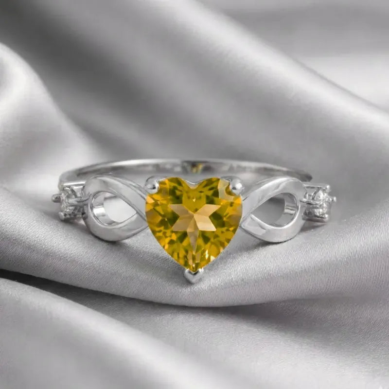 Anel Prata 925 Infinito Amor Coração - Citrino Amarelo 22