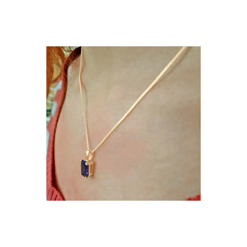 Pingente Retangular Prata 925 Dourada 18k - Ametista Violeta