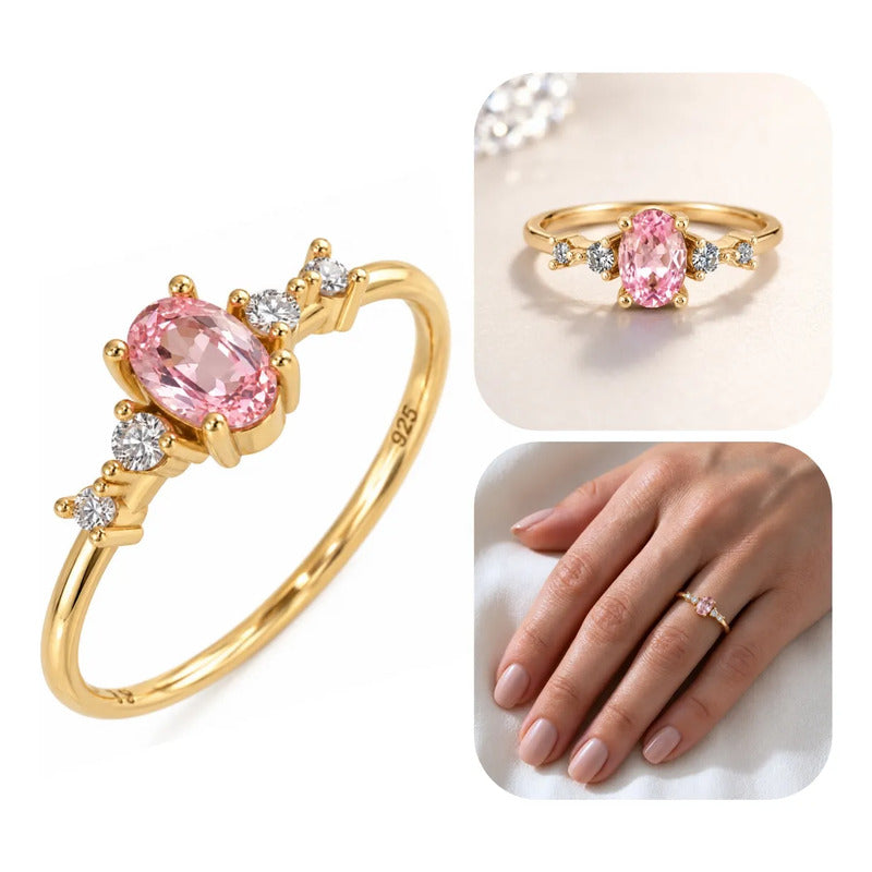 Anel London Prata 925 Dourada Ouro 18k - Safira Rosa 27