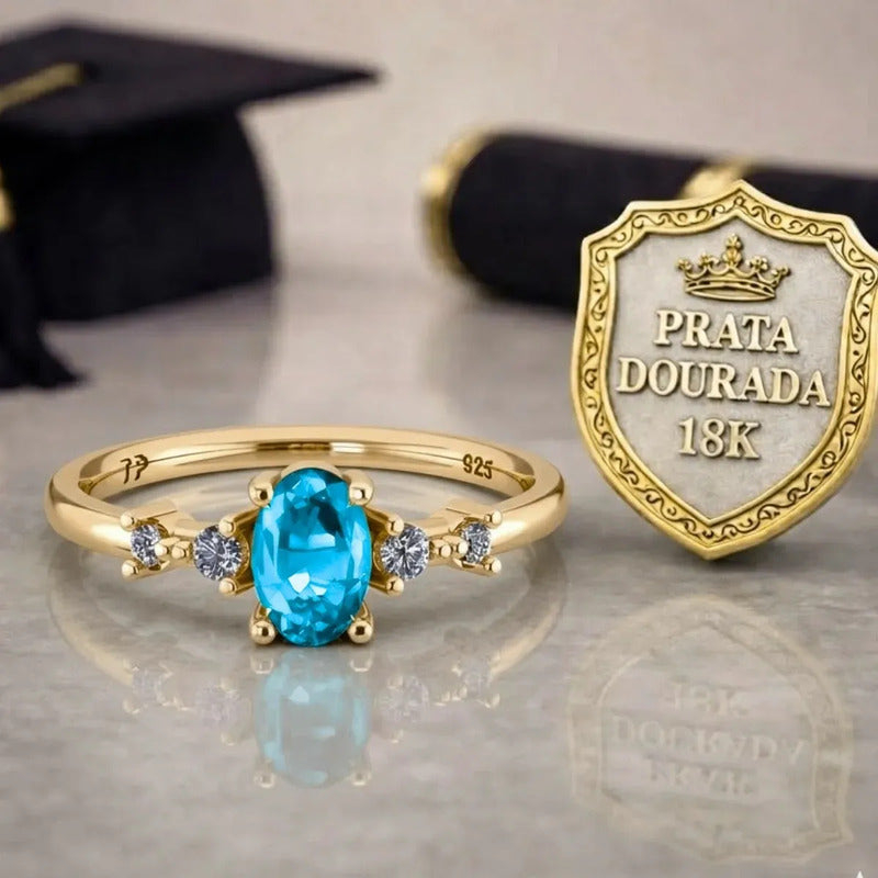 Anel Formatura Feminino Prata 925 Dourada 18k + Capelo Topázio Azul 28-29