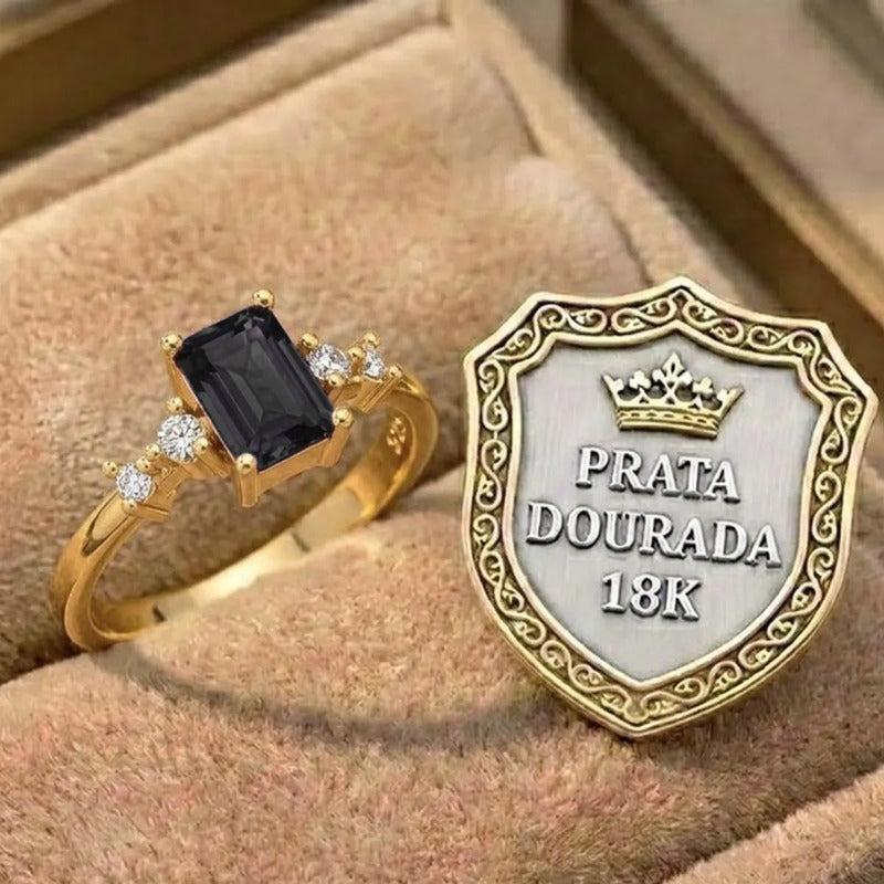 Anel Viena Retangular Prata 925 Dourada 18k - Onix