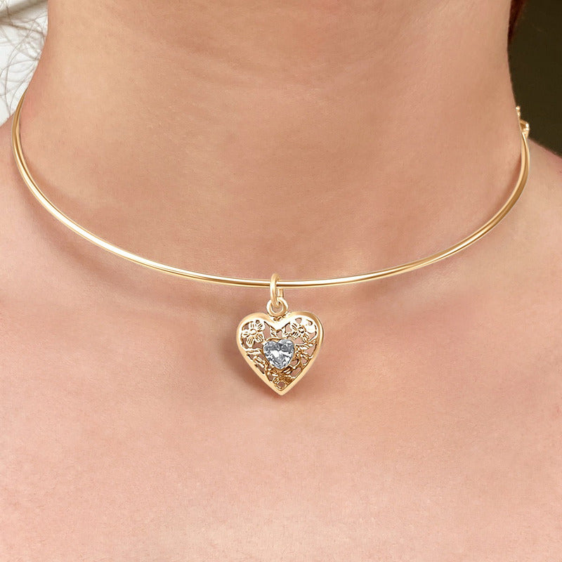Colar Choker Zircônia Coração Prata 925 Dourada Ouro 18k