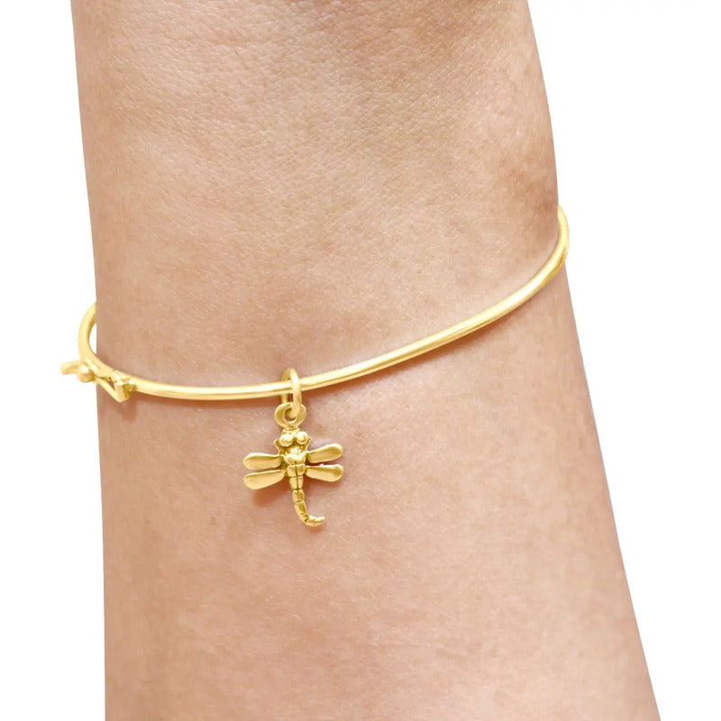 Bracelete Rígido Prata 925 Dourada 18k - Libélula Dourado 19 Cm