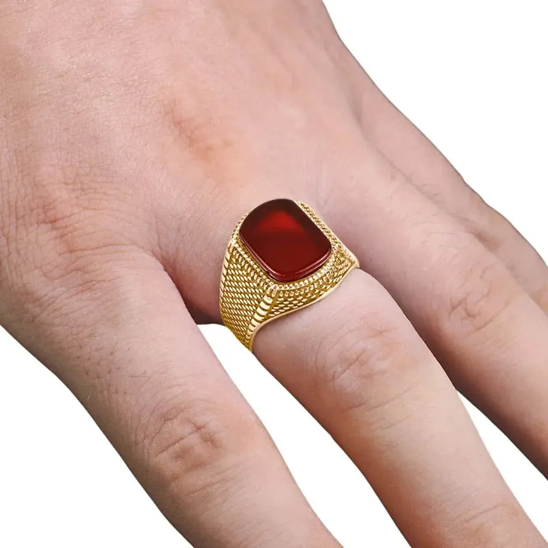 Anel Masculino De Prata 925 Banhado A Ouro 18k Com Ágata Vermelha Vermelho 18