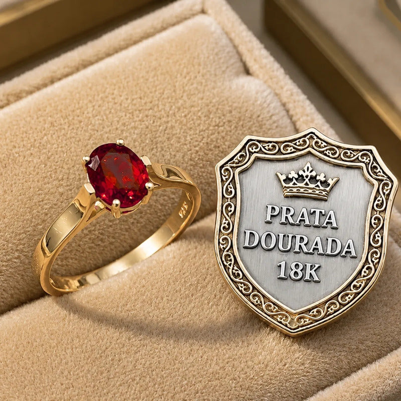 Anel Solitário Oval Em Prata 925 Dourada 18k - Granada