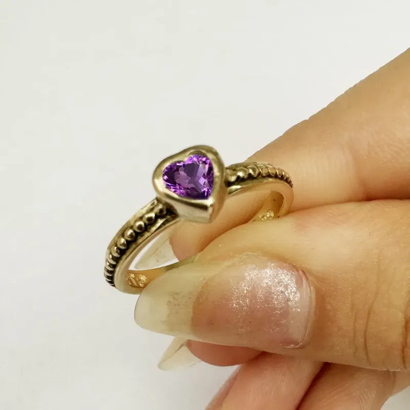 Anel Prata 925 Dourada 18k Solitário Coração Ametista