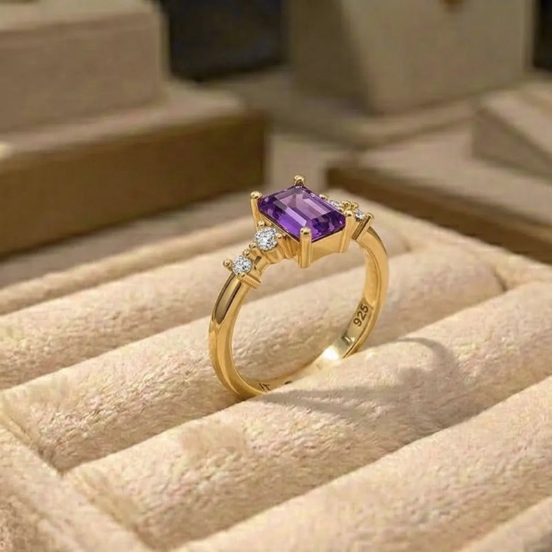 Anel Viena Retangular Prata 925 Dourada 18k Ametista
