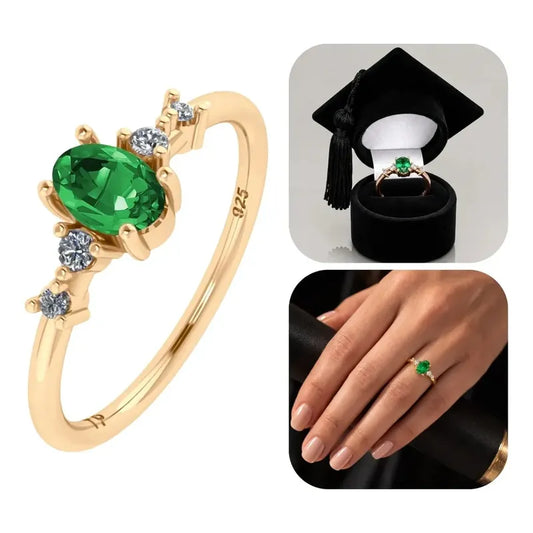 Anel Formatura Feminino Prata 925 Dourada 18k + Capelo Esmeralda 22-23