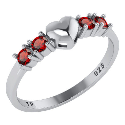 Solid Heart Ring In Pure 925 Silver - Garnet