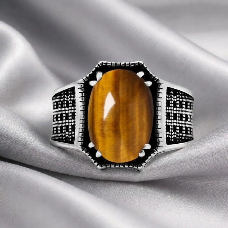Anel Prata 925 Olho De Tigre Natural Cabochão Exclusivo