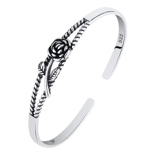 Pulseira Bracelete Floral Rígido Maciço Prata 925 - Feminino