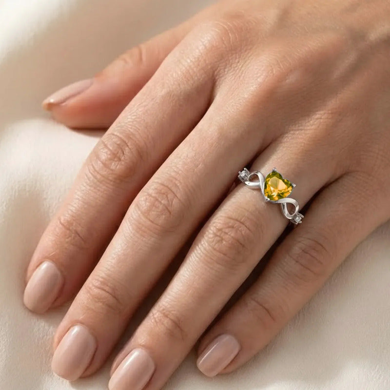 Anel Prata 925 Infinito Amor Coração - Citrino Amarelo 21