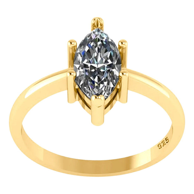 Anel Navete Prata 925 Dourada Ouro 18k - Zircônia