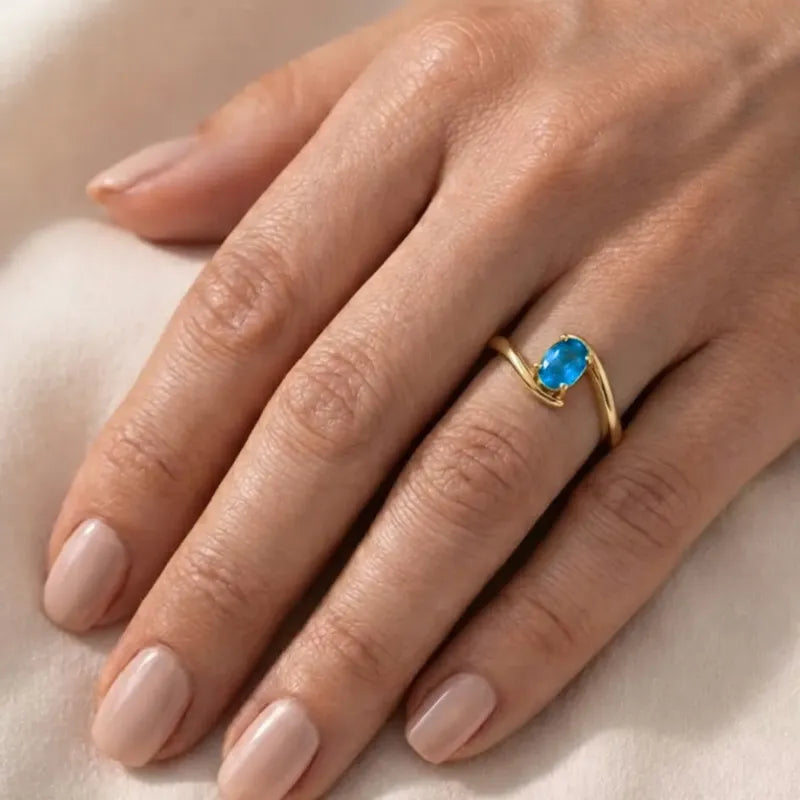 Anel Miami Prata 925 Dourada Ouro 18k - Topázio Azul